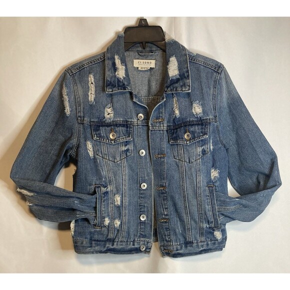 Boho Denim Jacket M Blue Jean Distressed Grunge Y2K Staple CI SONO - Picture 6 of 11